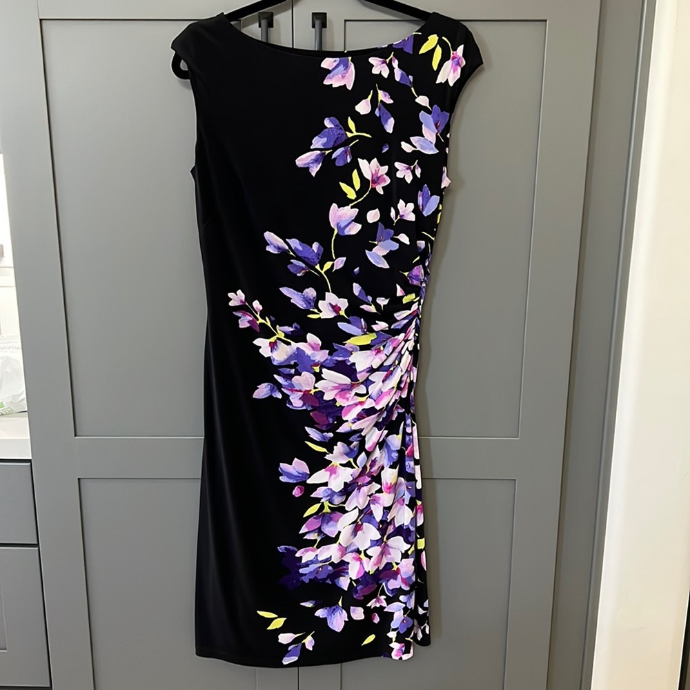 {Lauren Ralph Lauren}Sz 10 Black w/Purple/Pink Floral Side Ruched Dress